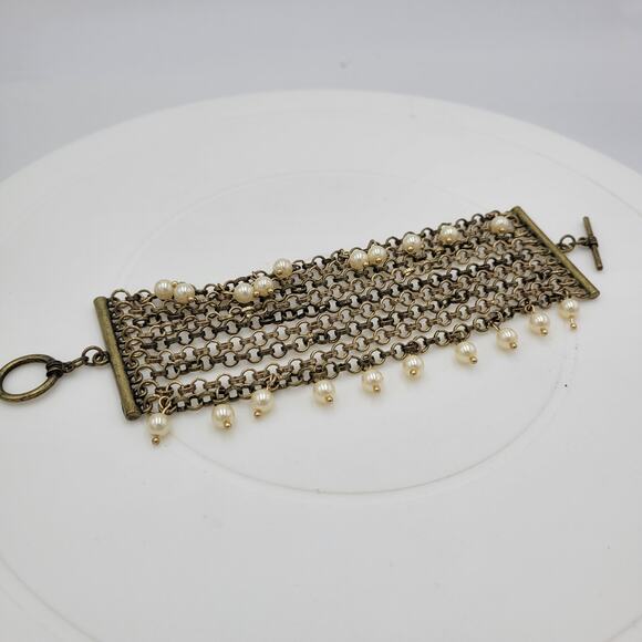 VTG Pinned Pearl Cuff Bracelet 8" Gold Tone White Beads Wide Toggle Closure - Picture 12 of 13